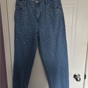 SHEIN Blue Straight Leg Jeans with Stud Accents